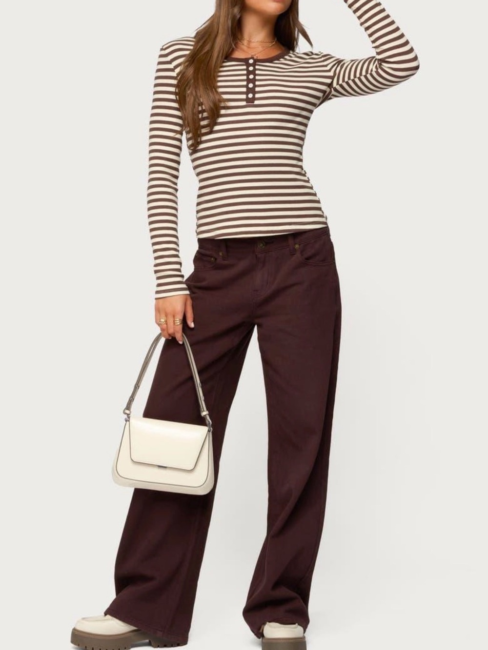 Free People We The Free Lake Henley Stripe Top Chocolate Combo M NWT $68 - Picture 2 of 6